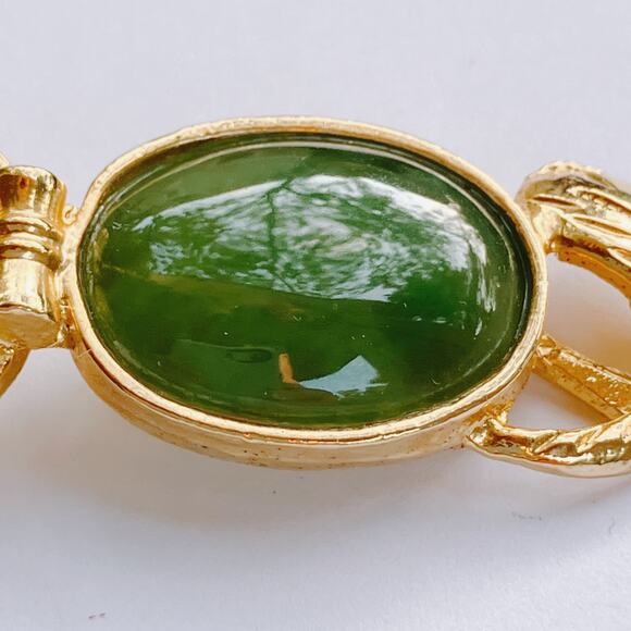 VTG 1960s Gemstone Cat Brooch Nephrite Jade Cabochon Mid Century Gold Tone Pin - Picture 5 of 10